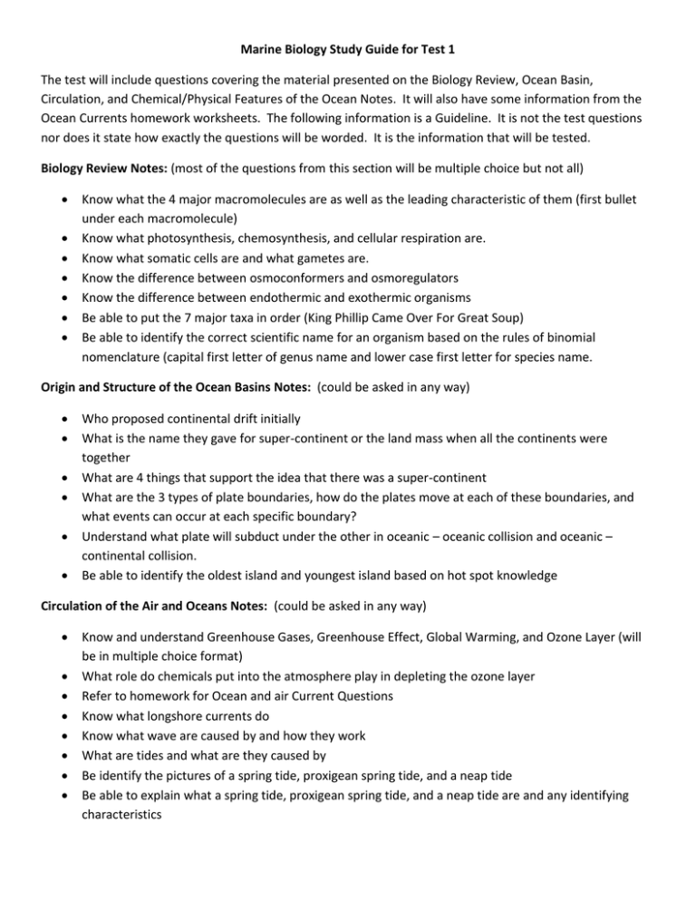 Marine Biology Study Guide for Test 1 - GMCbiology